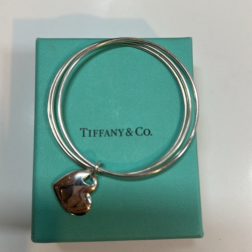Tiffany & Co Silver Trio Bangles with Tilted Heart Charm, Retired Item